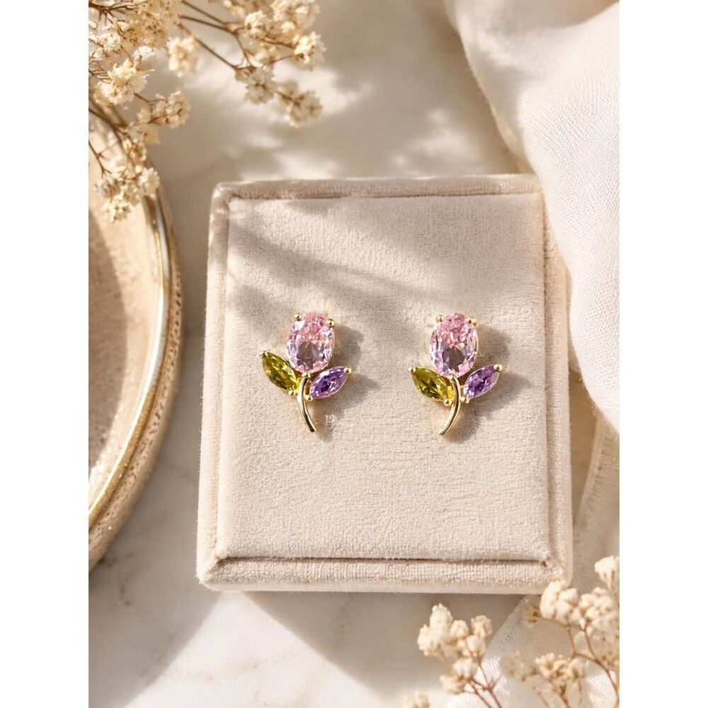 Pink and purple gold plated tulip stud earrings